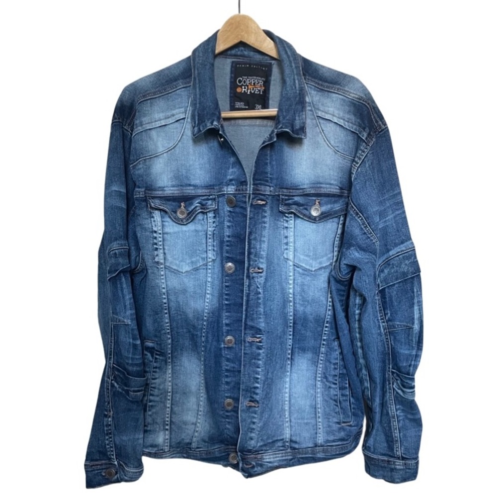 COPPER RIVET Denim Factory Distressed Jean Jacket Blue with Fade Men’s Size 3X.